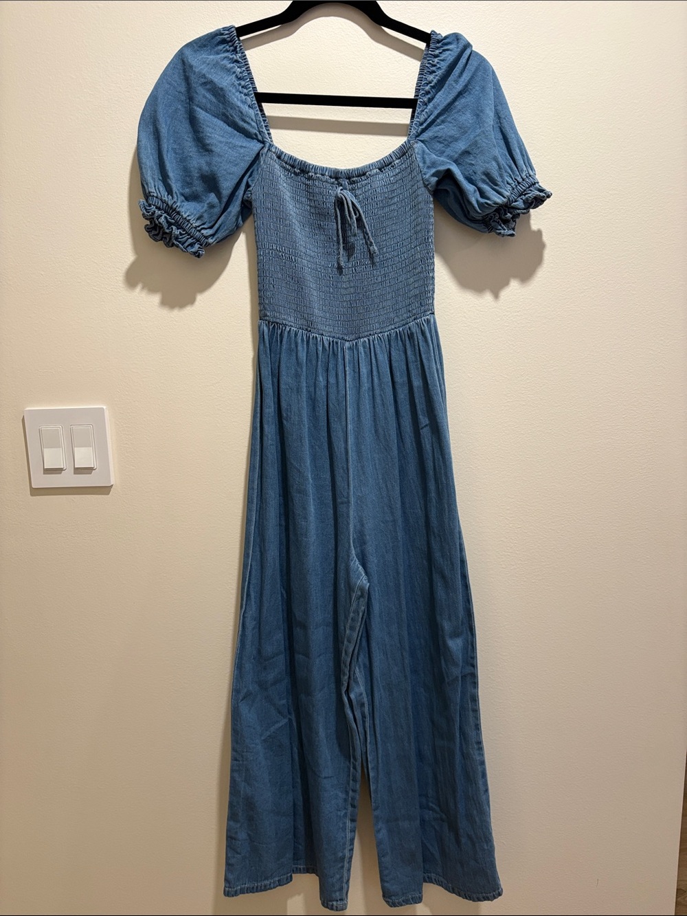 Girls Blue Puff-Sleeve One-Piece Jumpsuit